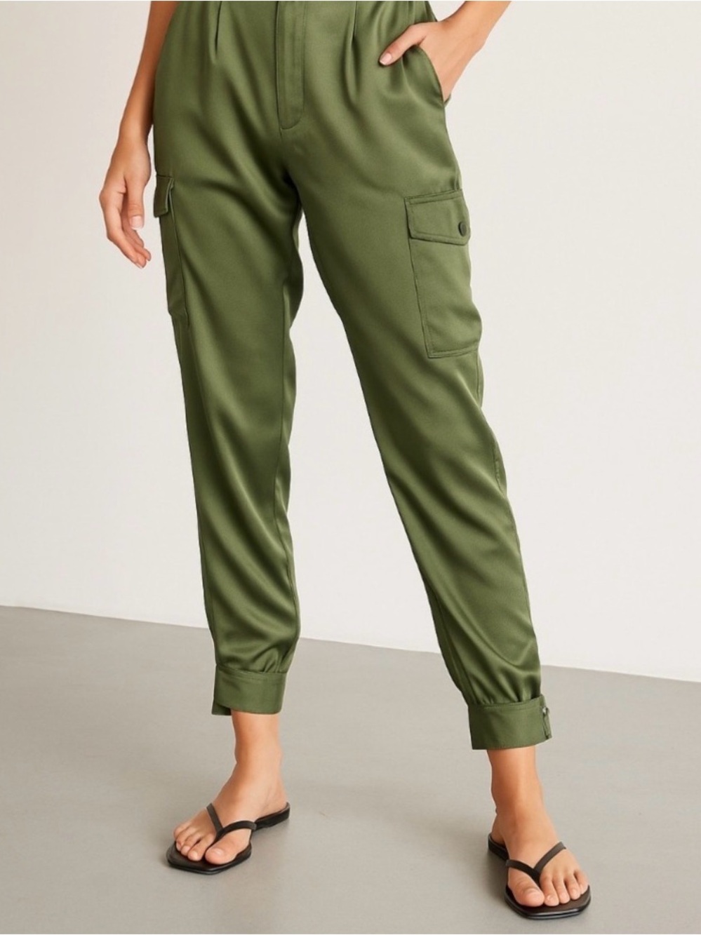 GUESS Olive Satin Cargo Jogger Pants | Utility Tapered Ankle | Size 8 - Picture 2 of 7